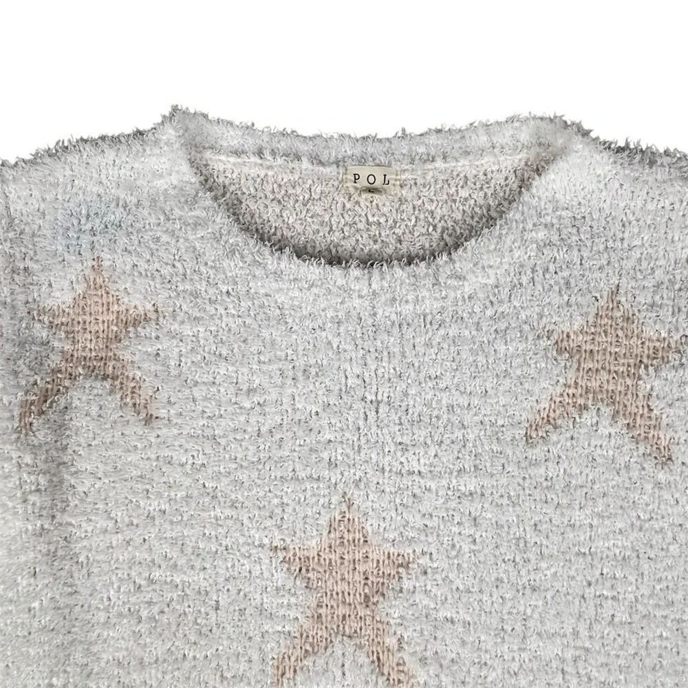 POL Sweater Womens Size L Gray Beige‎ Star Print Eyelash Knit Crewneck
